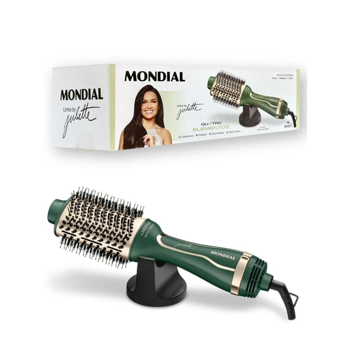 Escova Secadora Mondial By Juliette ES-JU-02 Verde Oliva 1300W Bivolt – 4 Elementos de Proteção