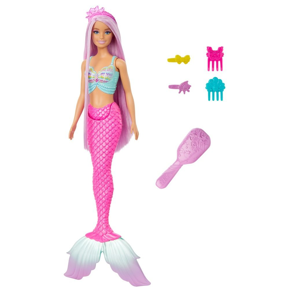Boneca Barbie Sereia Cabelo Longo Lilás Cauda Rosa Escova e Acessórios