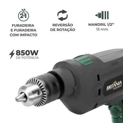Furadeira Britânia BFUE04 Função Impacto 850W – Potência, Resistência e Precisão em Suas Mãos