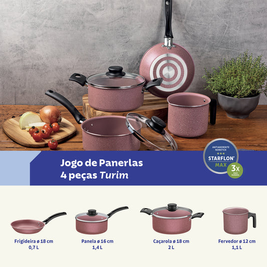 Jogo de Panelas Tramontina Turim em Aluminio com Revestimento Interno e Externo em Antiaderente Starflon Max Rosa 04 Peças
