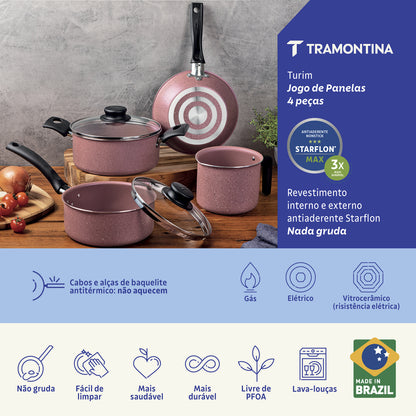 Jogo de Panelas Tramontina Turim em Aluminio com Revestimento Interno e Externo em Antiaderente Starflon Max Rosa 04 Peças