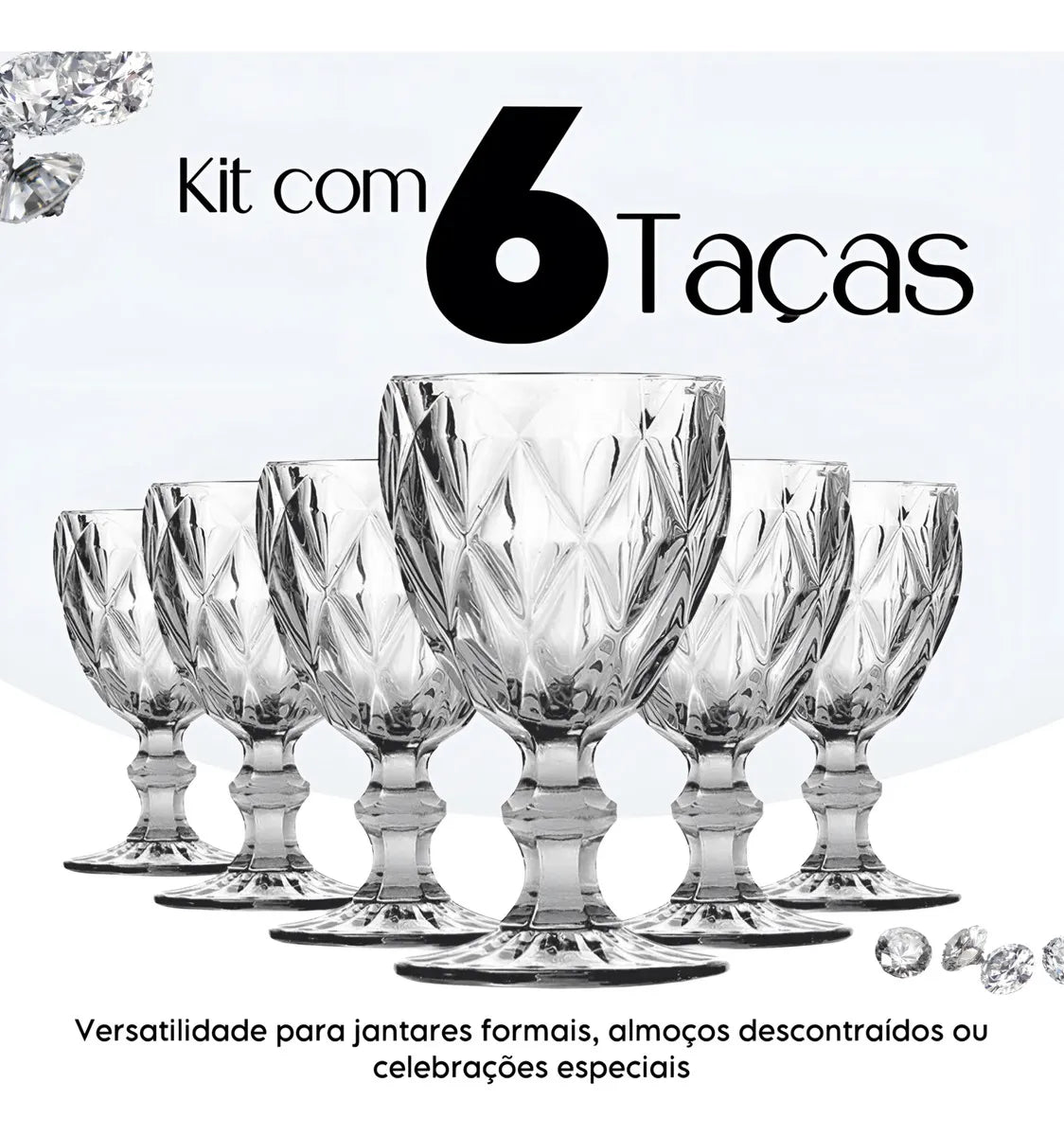 Jogo 6 Taças Diamante Vidro 330ml Copo Diamond Moderno Luxo Transparente Butter Cream Diamante Lapidado