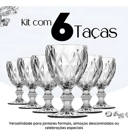 Jogo 6 Taças Diamante Vidro 330ml Copo Diamond Moderno Luxo Transparente Butter Cream Diamante Lapidado