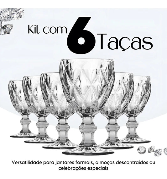 Jogo 6 Taças Diamante Vidro 330ml Copo Diamond Moderno Luxo Transparente Butter Cream Diamante Lapidado