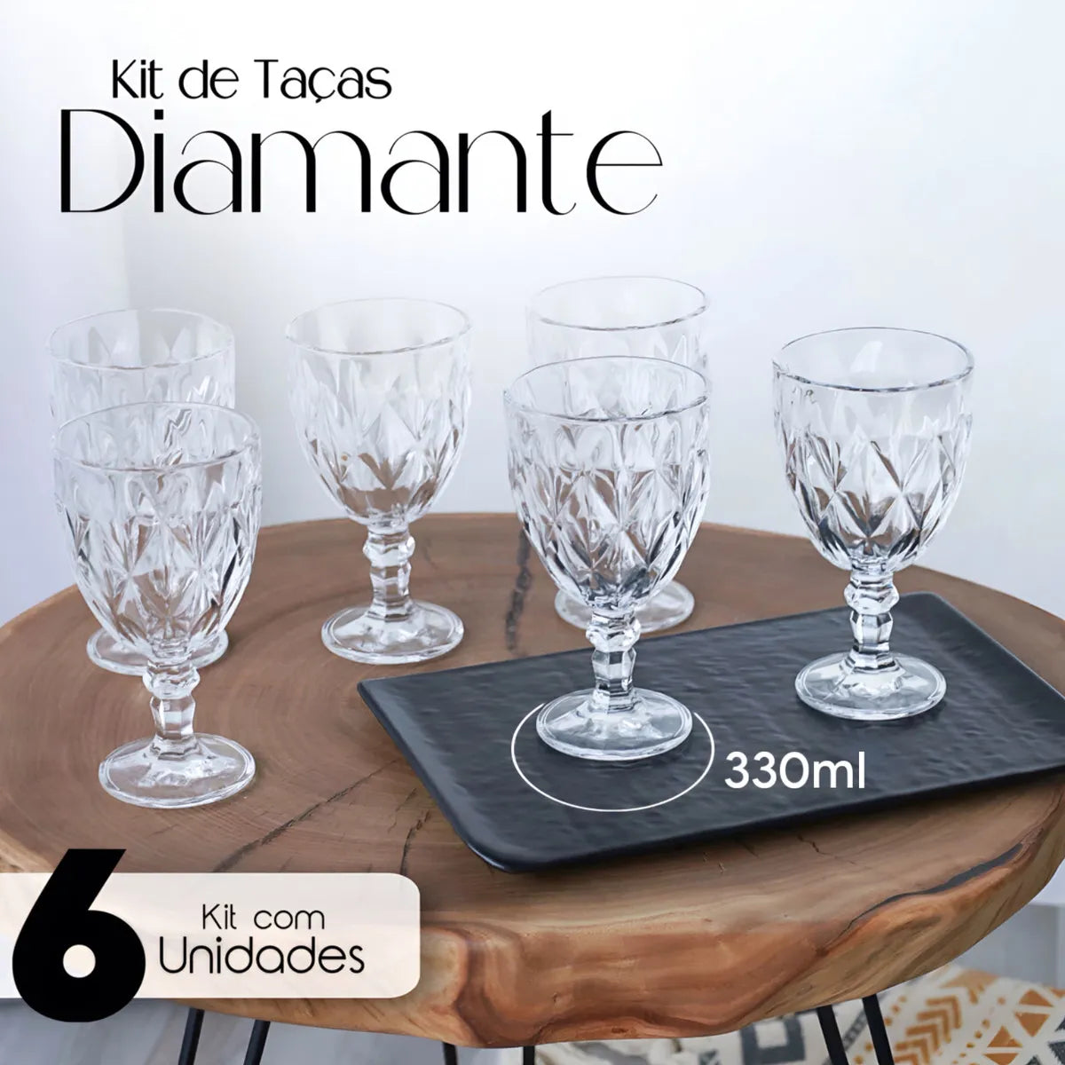 Jogo 6 Taças Diamante Vidro 330ml Copo Diamond Moderno Luxo Transparente Butter Cream Diamante Lapidado