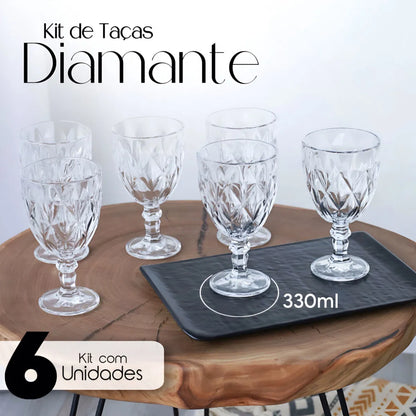 Jogo 6 Taças Diamante Vidro 330ml Copo Diamond Moderno Luxo Transparente Butter Cream Diamante Lapidado