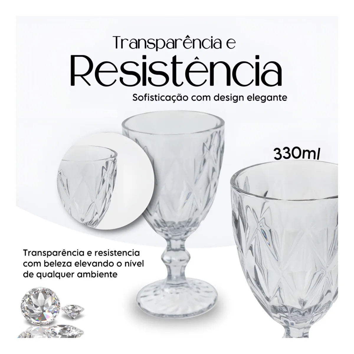 Jogo 6 Taças Diamante Vidro 330ml Copo Diamond Moderno Luxo Transparente Butter Cream Diamante Lapidado