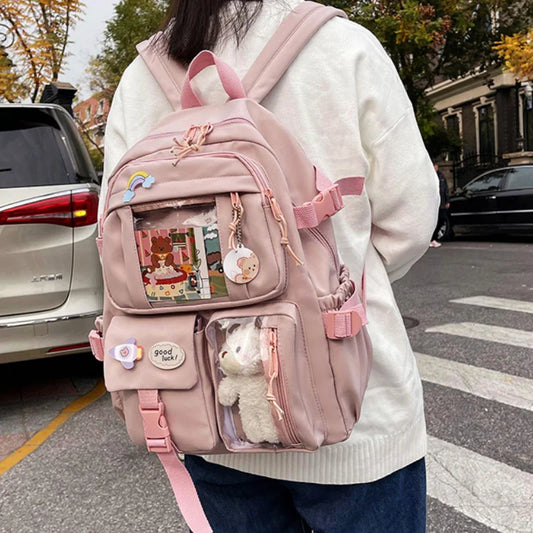 Mochila Feminina Impermeável Multi-Bolsos – Estilo Kawaii para Escola, Faculdade e Laptop