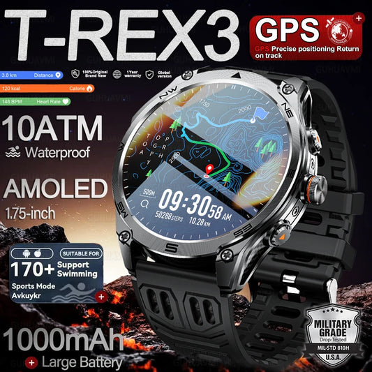Smartwatch Militar 2025 – GPS, Bússola, Lanterna, 10ATM e Bateria 1000mAh