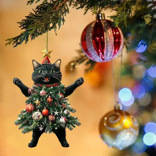 Pingente de Gato Natalino – Enfeite Acrílico 2D para Árvore de Natal e Ano Novo 2025