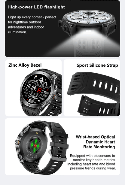 Smartwatch Militar 2025 – GPS, Bússola, Lanterna, 10ATM e Bateria 1000mAh