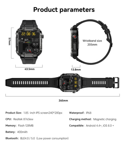 Smartwatch Militar 2025 – GPS, Chamadas BT, Fitness, À Prova d’Água, Compatível Android e iOS