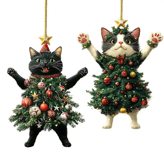 Pingente de Gato Natalino – Enfeite Acrílico 2D para Árvore de Natal e Ano Novo 2025