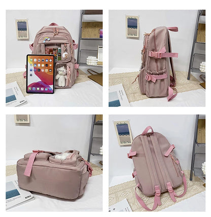 Mochila Feminina Impermeável Multi-Bolsos – Estilo Kawaii para Escola, Faculdade e Laptop