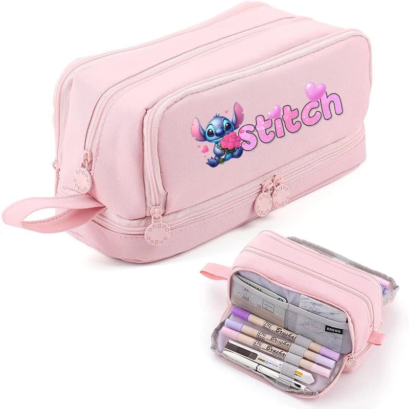Estojo Disney Stitch de Grande Capacidade – Oxford Resistente, Portátil e Organizador para Escola e Escritório
