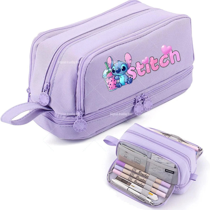 Estojo Disney Stitch de Grande Capacidade – Oxford Resistente, Portátil e Organizador para Escola e Escritório