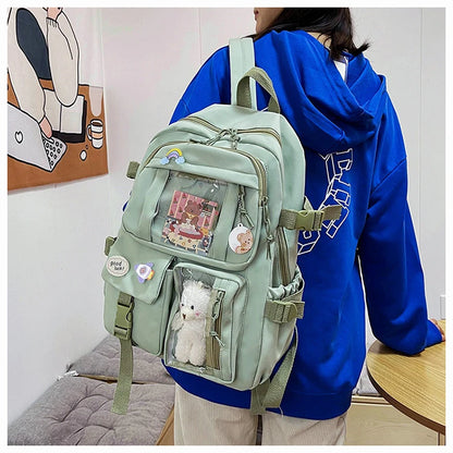 Mochila Feminina Impermeável Multi-Bolsos – Estilo Kawaii para Escola, Faculdade e Laptop