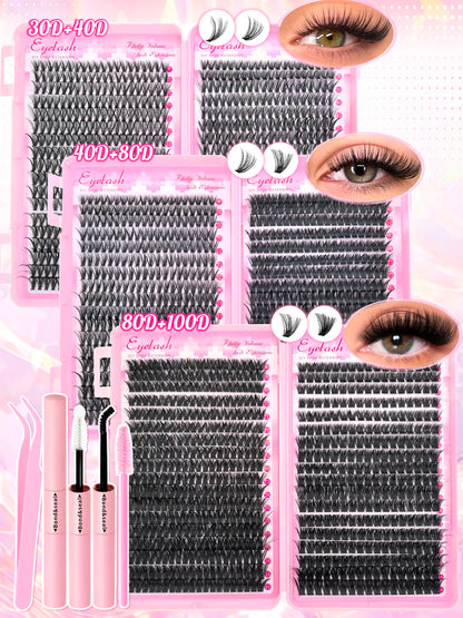 Kit de Extensão de Cílios DIY – 720 Peças com Clusters Individuais, Cola e Selante