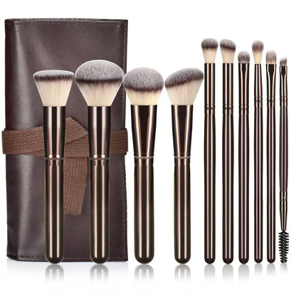 Kit com 10 Pincéis de Maquiagem – Completo para Base, Pó Solto, Blush, Corretivo e Sombra