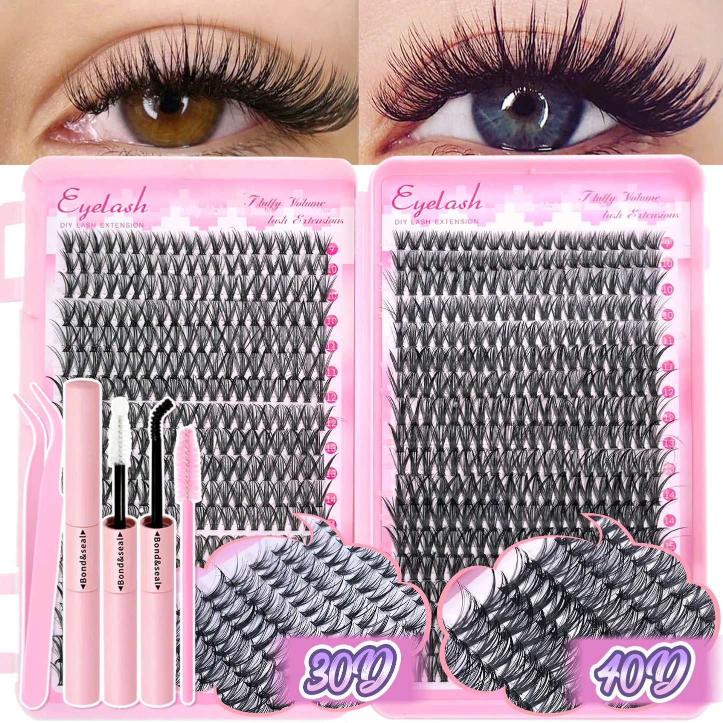 Kit de Extensão de Cílios DIY – 720 Peças com Clusters Individuais, Cola e Selante