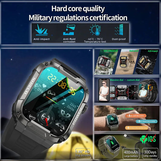 Smartwatch Militar 2025 – GPS, Chamadas BT, Fitness, À Prova d’Água, Compatível Android e iOS