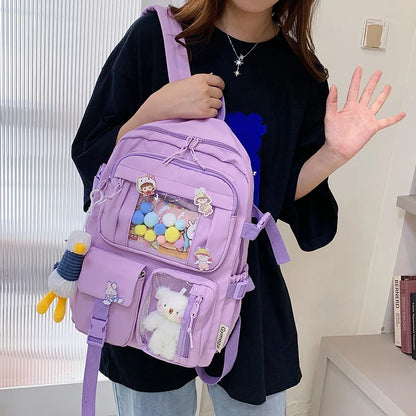 Mochila Feminina Impermeável Multi-Bolsos – Estilo Kawaii para Escola, Faculdade e Laptop