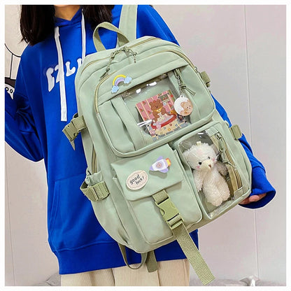 Mochila Feminina Impermeável Multi-Bolsos – Estilo Kawaii para Escola, Faculdade e Laptop