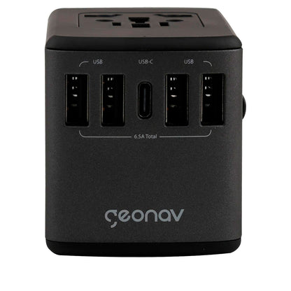 Carregador Universal Geonav com Adaptadores de Viagem – 4 USB + 1 USB-C, Preto