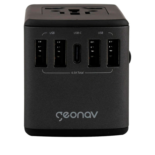 Carregador Universal Geonav com Adaptadores de Viagem – 4 USB + 1 USB-C, Preto