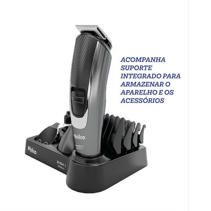 Aparador de Pelos Philco 8 Acessórios PAPE01 Bivolt – Lâminas em Cerâmica Laváveis, Bateria de Lítio 2h de Autonomia, Uso com ou sem Fio, Base de Apoio e Carregamento USB – Seg Imports