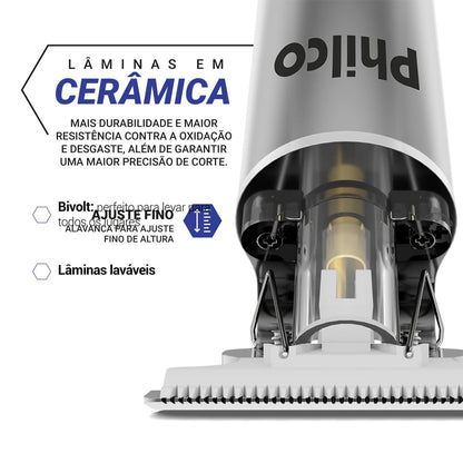 Cortador de Cabelos Philco PCRE1 Sem Fio – Lâmina em Cerâmica, Display LED, 4 Pentes de Corte, Bivolt, Carregamento USB e Autonomia de 1 Hora – Seg Imports